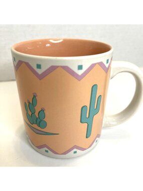 Southwest Ceramic Mug Cup Green Cactus Peach Teal Cowboy Arizona 1980s Vintage